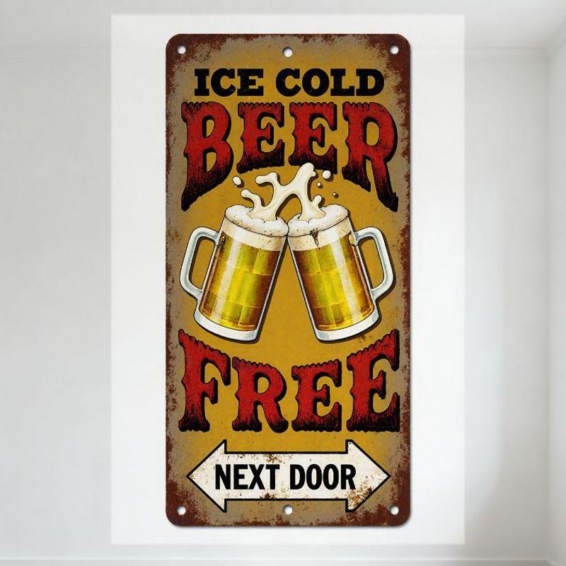 

Vintage ICE COLD BEER Metal Tin Sign with Clinking Beer Mugs, FREE NEXT DOOR, Rusty Border, Yellow Background - Home Bar Cafe Ma 20x30cm（7.8x11.8inch）