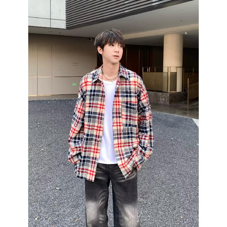 

Американский ретро-дизайн, разноцветная полосатая рубашка с длинным рукавом для мужчин и женщин, повседневное свободное весенне-осеннее парное пальто для мужчин 2XL красный