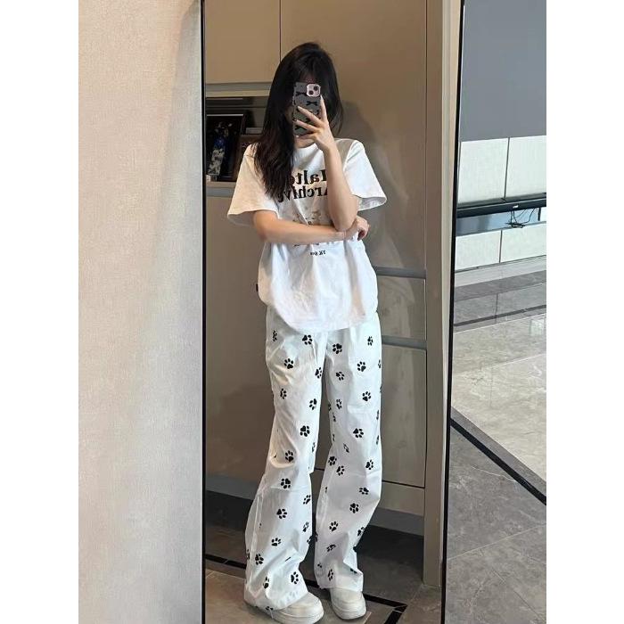 

Cute High Waist Puppy Print Summer Pants - Loose Fit, Straight Leg 2XL белый