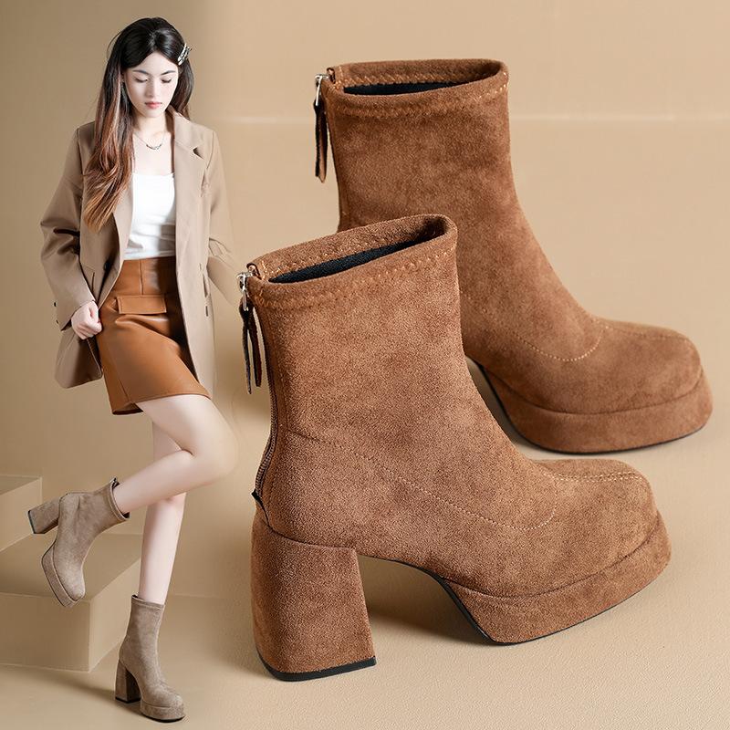Fleece Thin Boots Women's Short Boots New Round Head Thick Heel Suede Elastic Socks Boots Waterproof Table Warm and Ankle Boots