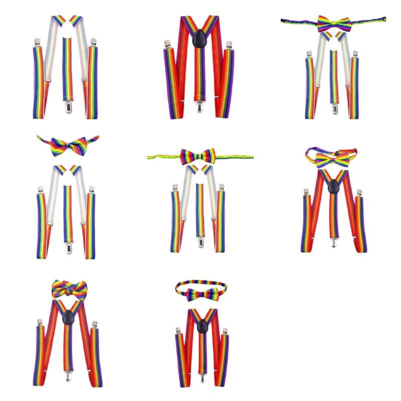 Fashionable Rainbow Braces and Striped Bowtie Set Perfect for Birthday Wedding Formal and Casual Occasion
