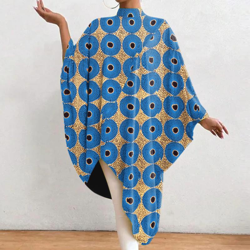 Women Plus Size Stand Collar Bat Long Sleeve Print Blouses