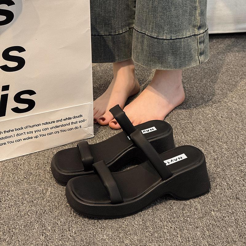Slippers women's summer 2025 new French one-word strap square head thick heel high heels fashion wear open-toed sandals
