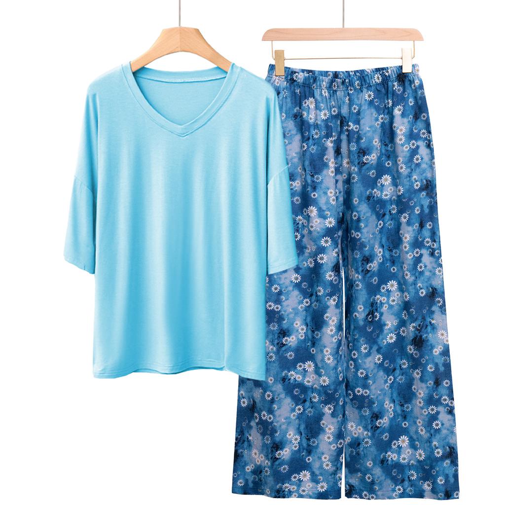 Pajamas Women's Spring and Summer New V-neck Short-sleeved Cotton and Linen Pants European and American Large-size Loungewear Two-piece Set