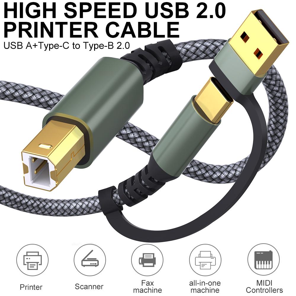 2m USB/Type-C to Square USB Type-B 2 in 1 Printer Cable Braided Printing Connection Cord
