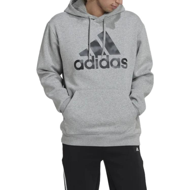 Adidas Solid Color Hooded Pullover With Logo Print Men Sweatshirt Grey HL6927
