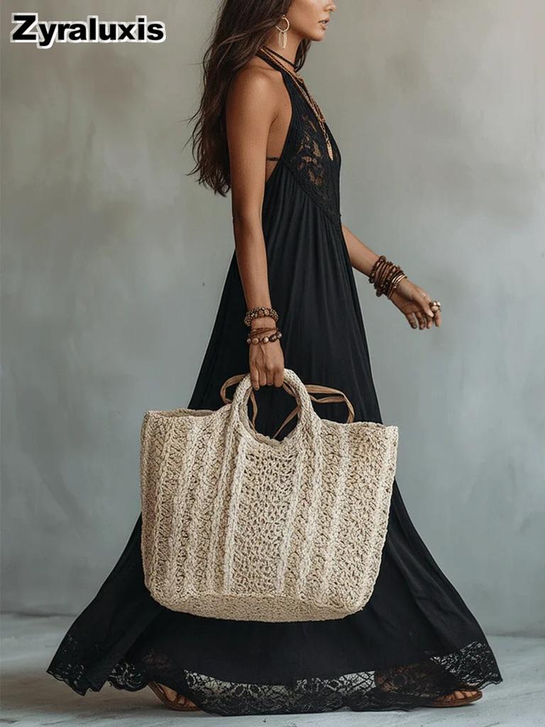 Abito Lungo Nero con Patchwork di Pizzo e Spalline Sottili Stile Vacanza Ampio Abito Maxi