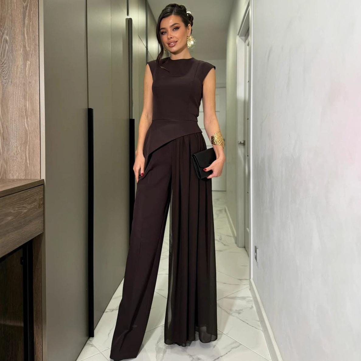 Cross-border European and American fashion sleeveless irregular vest women s foreign trade design sense pleated wide-leg trousers women s S