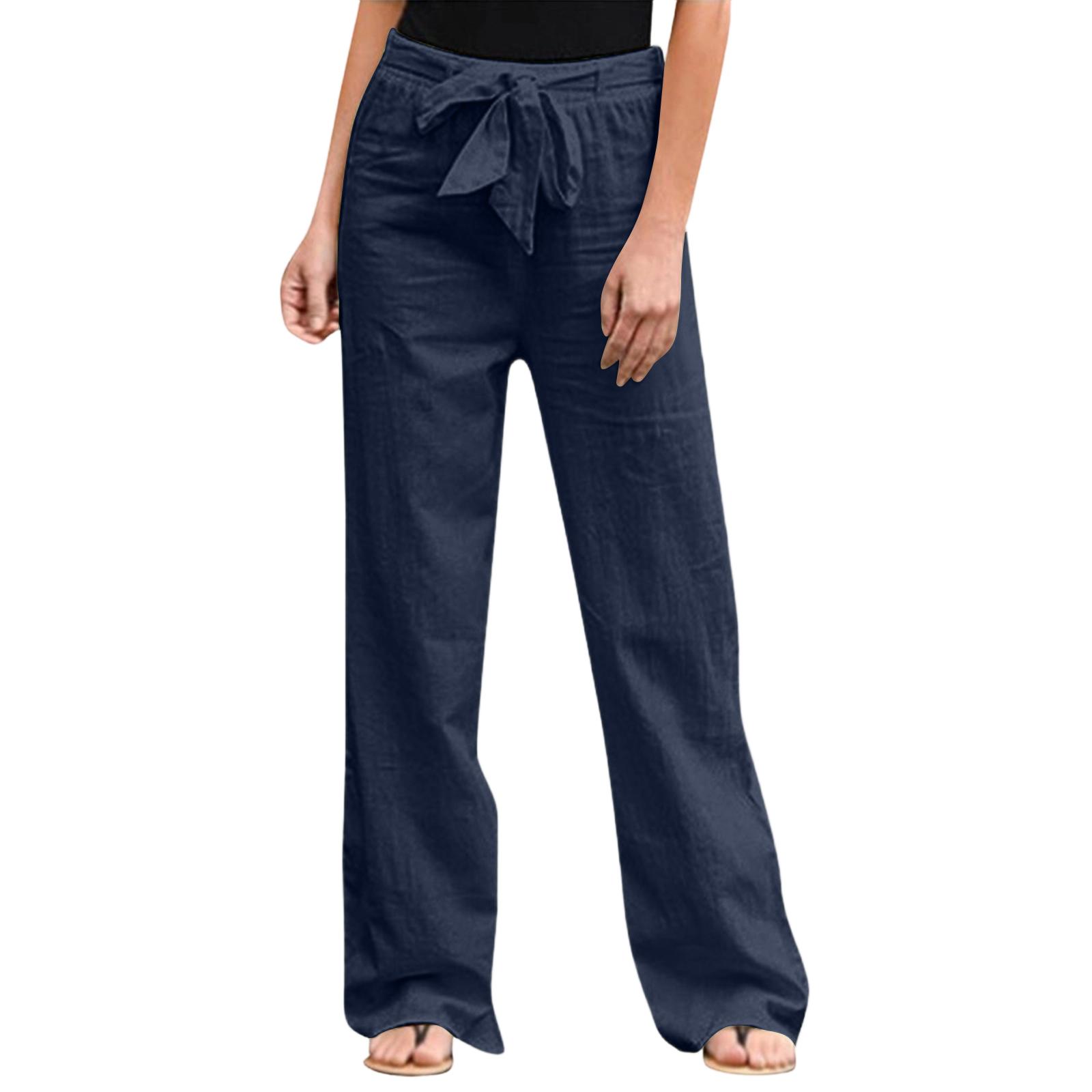 

Women s Color Elastic Waist Breathable Loose Cotton And Linen Pants XL Темно-синій