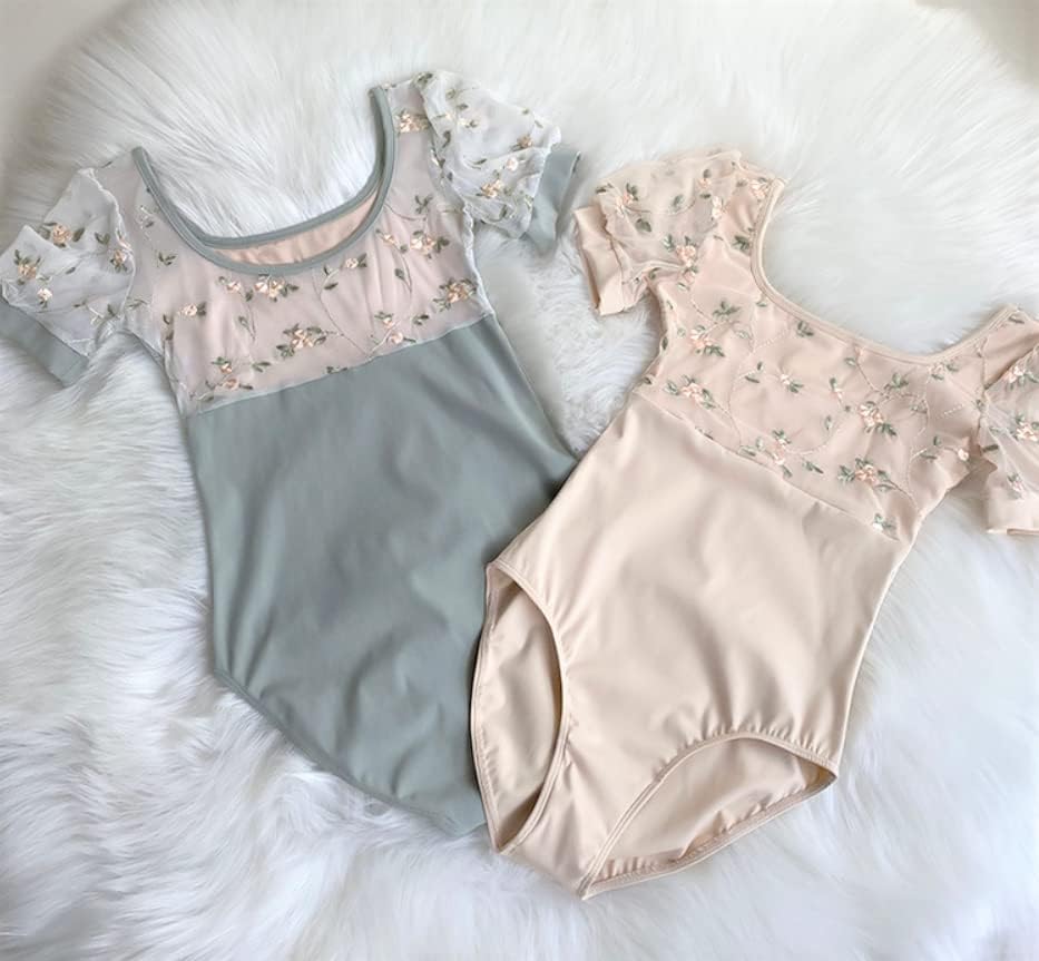 ProDance Embroidered Mint and Ivory Half-Cup Short Sleeve Ballet Leotard PLHA018MA (L, Ivory)