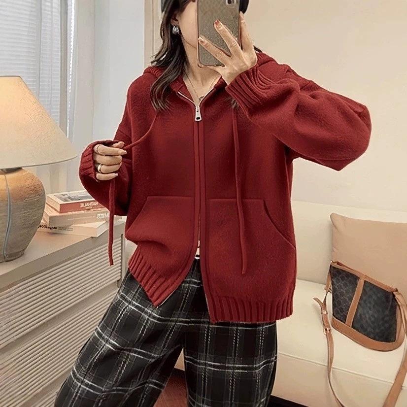 

Soft waxy hooded zipper sweater cardigan jacket women s autumn and winter thickened loose lazy style autumn and winter casual knitted top average size красный