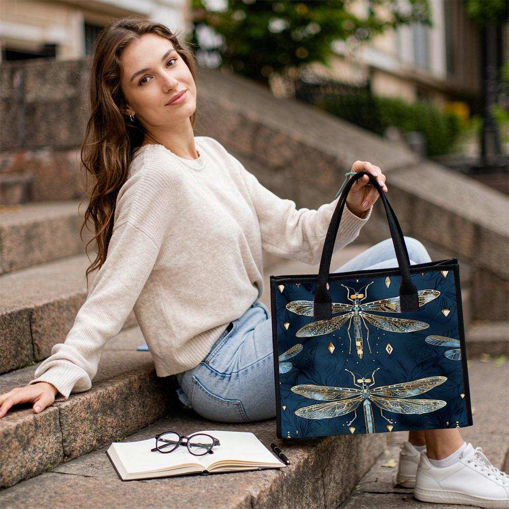 Vintage Dragonfly Print Tote Bag Large Capacity Casual Shoulder Bag for Daily Use Shopping Travel