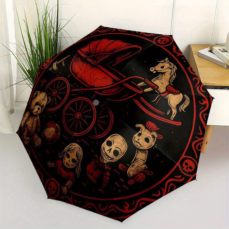 

Spooky Halloween Decor: Red & Black Circular Skull DesignUmbrella with Cute Design, Portable 3-Fold Compact Umbrella for Men & Women, Valentine s Day