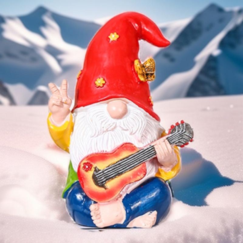 Skurrile Gitarre spielende Gnomenstatue, bunt, Harz, Gartenzwerg, Außendekoration, Hof, Balkon, Veranda, Neujahrsgeschenkidee