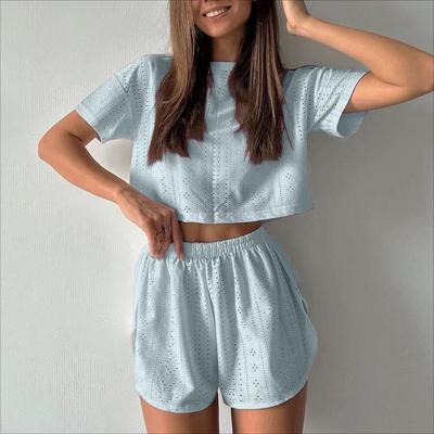 Elegant Women's Sets Spring And Summer Sports And Casual Suit Women Solid Colour Hollow Open Fork Dew Neck Short Two Piece Set
