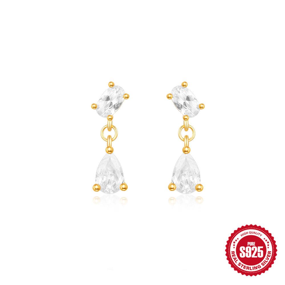 Stilvolle und schlichte S925 Sterlingsilber Geometrische eiförmige Wassertropfen Pferdeaugenkette, Mit Diamanten besetzte Ohrstecker, Ohrringe.