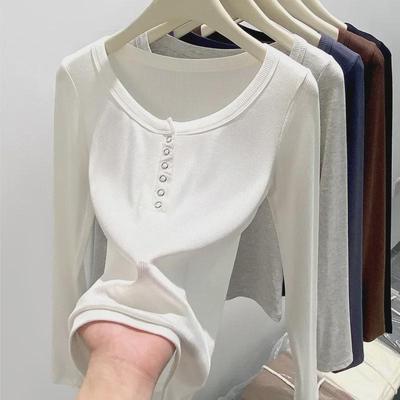 H262 Women's Early Autumn Slim Urban Buttoned Long-Sleeve Round-Neck T-Shirt