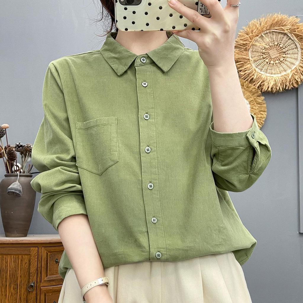 Women's Japanese Style Corduroy Long-Sleeve Shirt - Pure Cotton, High Quality, Retro Artistic, Loose Fit