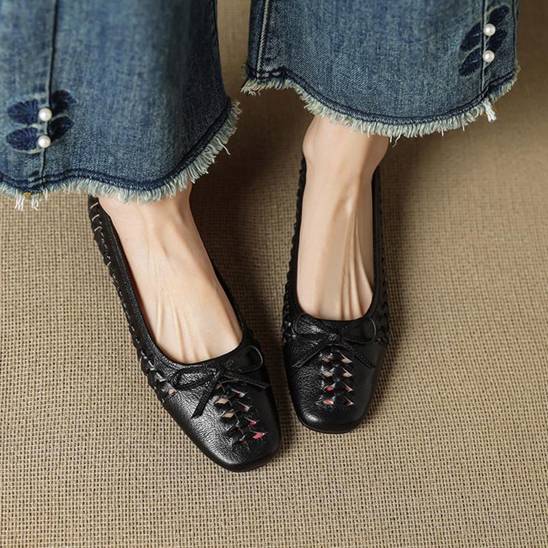 Fashion NEW Spring/Autumn Women Pumps Square Toe Low Heel Shoes Genuine Leather Shoes for Women Concise Bow-hnot Weave Slip-on Shoes