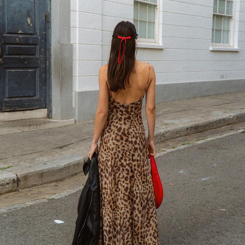 Leopard Print Sling Maxi Dress For Women Summer Elegant Backless Sleeveless Slip Long Dress Female Sexy Party Vestidos