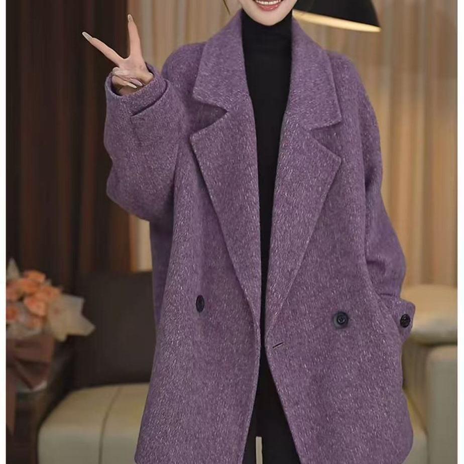 2025 Purple Double-Sided Wool Coat: British Style, Loose Fit for Autumn/Winter