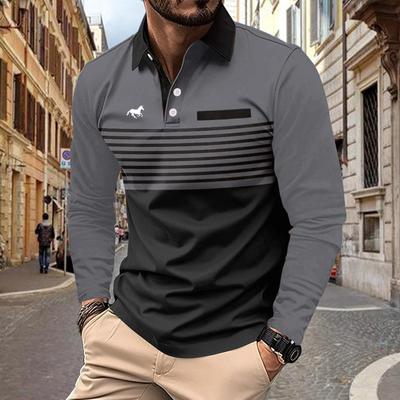 Spring Autumn Men Long Sleeve 3D Digital Print Stripe Polo Shirt Men Casual Sport Golf Polo Shirt Tops