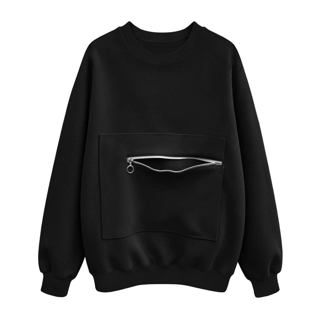 Women's Long Sleeve Crew Neck Sweatshirt with Front Zipper Pocket Casual Pullover Lightweight Comfortable Fit
