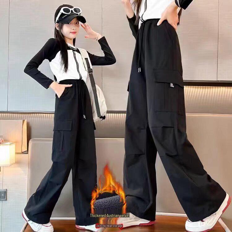 

Девочки Уличная одежда Брюки карго - 2025 Весна/Осень Повседневные брюки прямого кроя для модных детей 140 cm чёрный