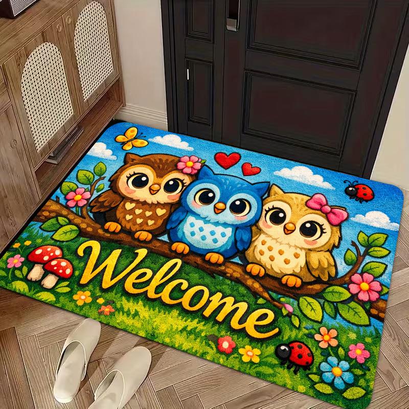 1pc Pack, 2D Flat Printing, Welcome Owl Cartoon Entrance Doormat, Perfectly Suitable for Holiday Dining and Home Decor, Indoor/Outdoor Party Decoratio
