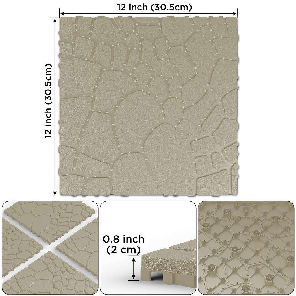 Stone Texture 12" Patio Deck Tiles, Interlocking Decking Tiles, Quick Installation Court Tiles for Porch Poolside Balcony Backyard 44pcs, beige
