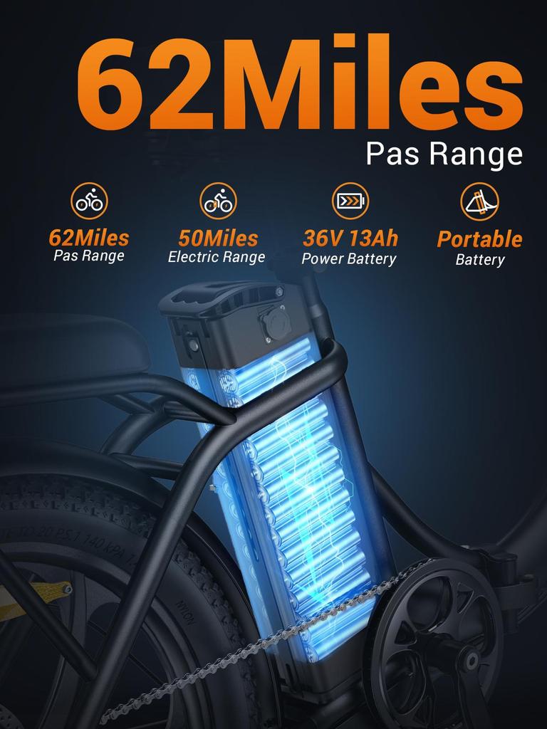 HillMiles MilePort 1 Electric Bicycle 250W Motor, 36V 13Ah Battery, 20*3.0 Inch Tire, 80-100KM Range Foldable E-Bike