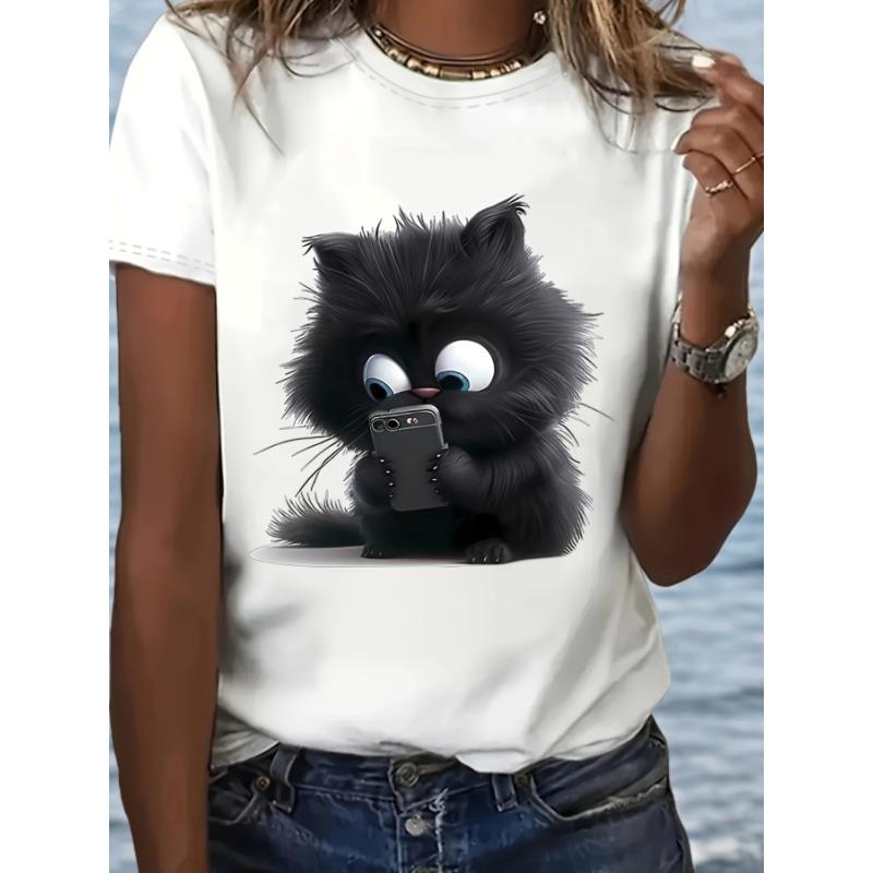 

European sizes Cute Cartoon Cat Design for Phone Lovers, Featuring a Printed Round-Neck Short-Sleeve T-Shirt, Perfect for Women S Wear 4XL білий