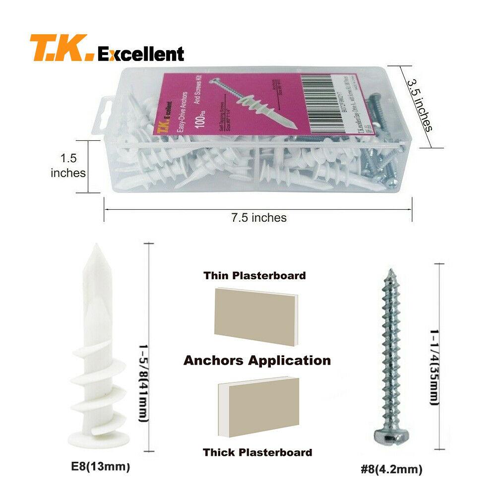 

T.K.Excellent Пластиковые Self бурения Drywall якоря с винтами Kit,100 штук