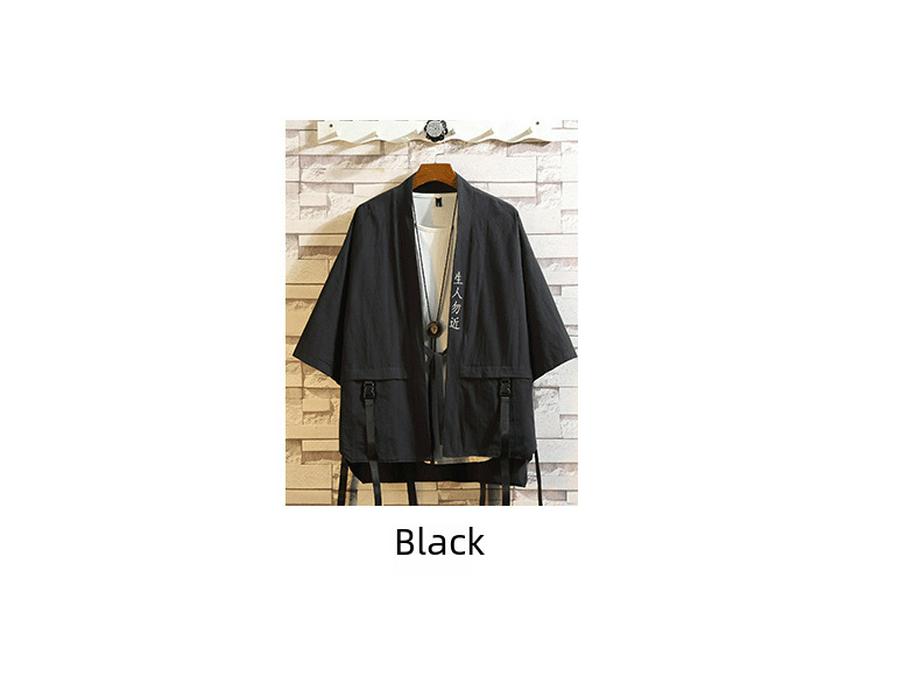 Japanese-Style Oversized Taoist Robe: Summer Embroidered Ribbon Hip-Hop Shirt with Three-Quarter Sleeves