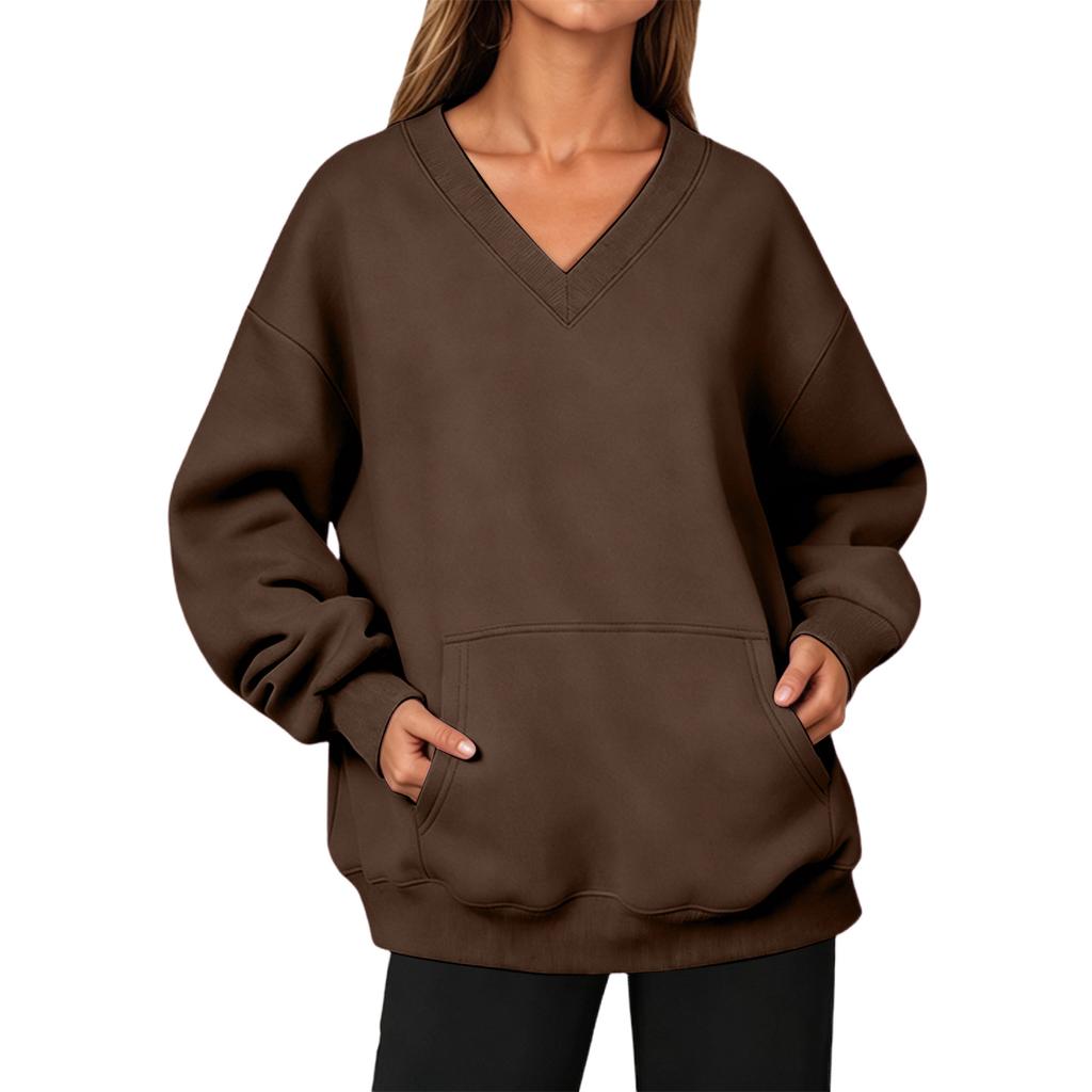 Women’s V Neck Long Pullover Sweatshirt with Pocket Loose Fit Casual Long Sleeve Top for Autumn and Winter