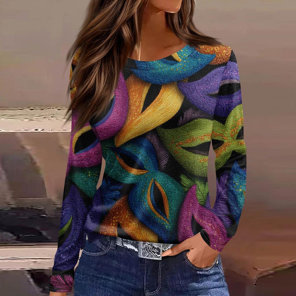 Women's Fashionable Casual Neck Long Sleeve Hem Split Carnival Print T-Shirt Top