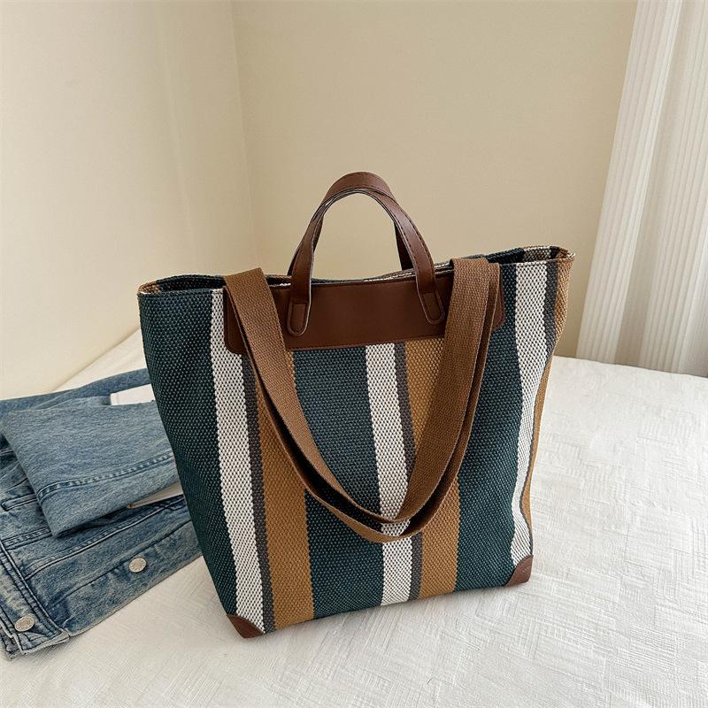 Contrasting Color Striped Tote Bag Women's Winter New Commute Large Capacity Casual Versatile Personalized Shoulder Bag