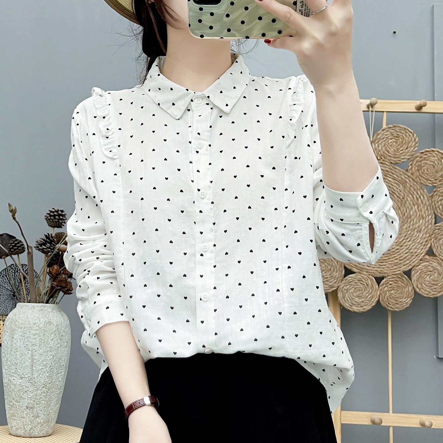 

Heart Print Flounce Sleeve Women s Cotton Gauze Top - Artistic, Soft, Skin-Friendly, Long Sleeve, Loose Fit M (100-125 jin)