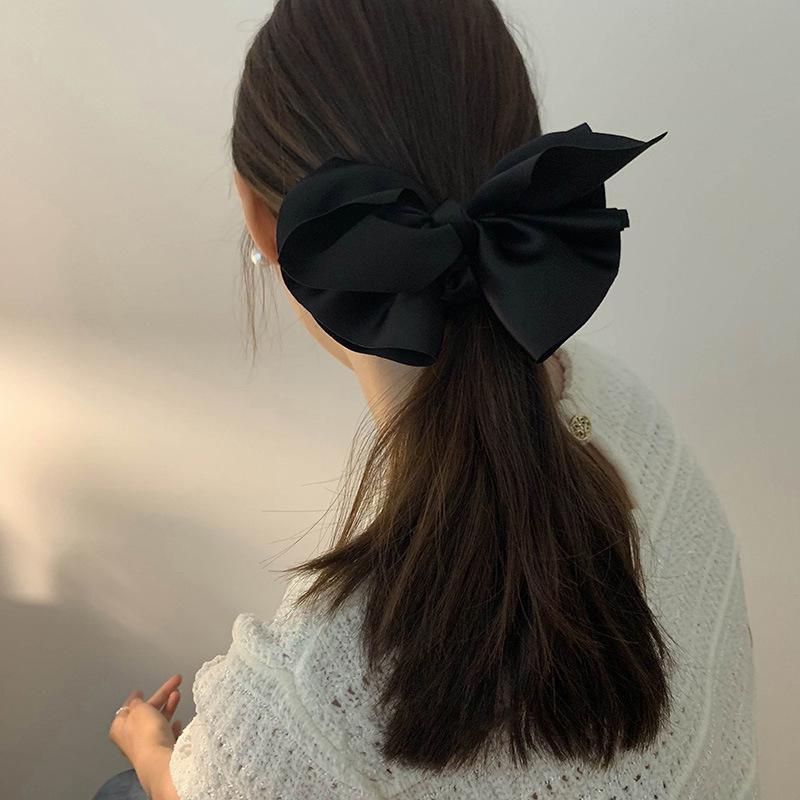 Elegant Black Satin Bow Headband with Elastic Hair Tie for French Bun