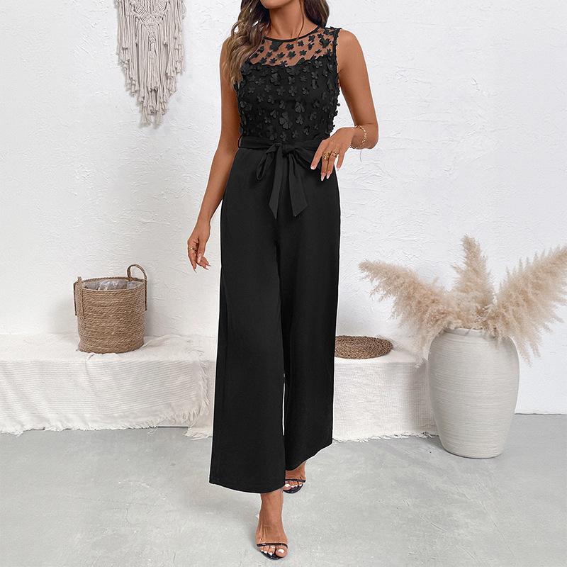 Letní krajkový patchworkový overal s kulatým výstřihem, bez rukávů, s vysokým pasem a rovnými nohavicemi pro ženy