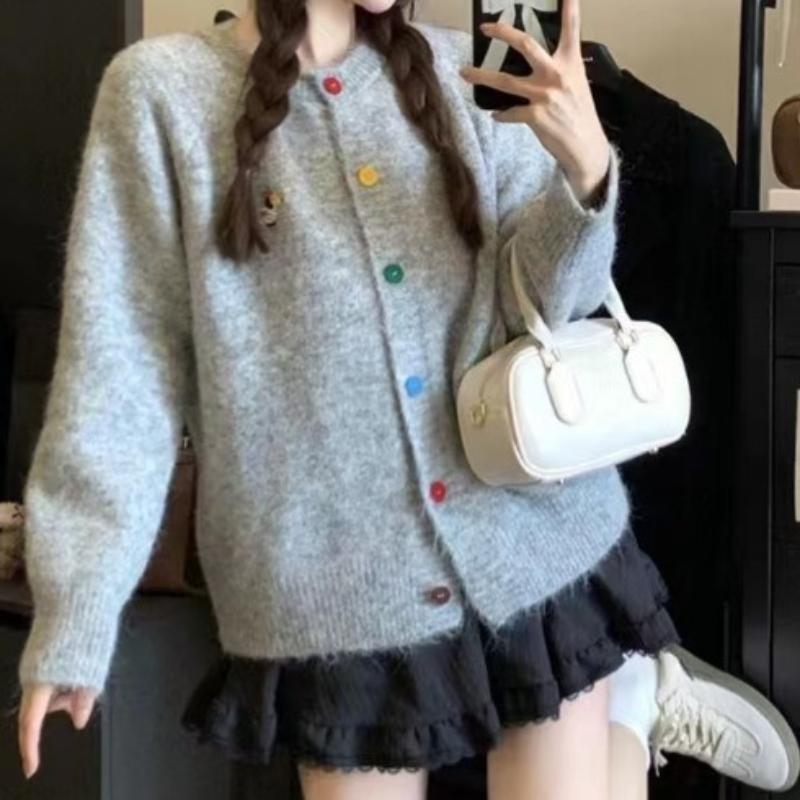 Korean-Style Crew Neck Dog Pattern Knit Cardigan for Women: Autumn Winter Versatile K-Style Sweater Top