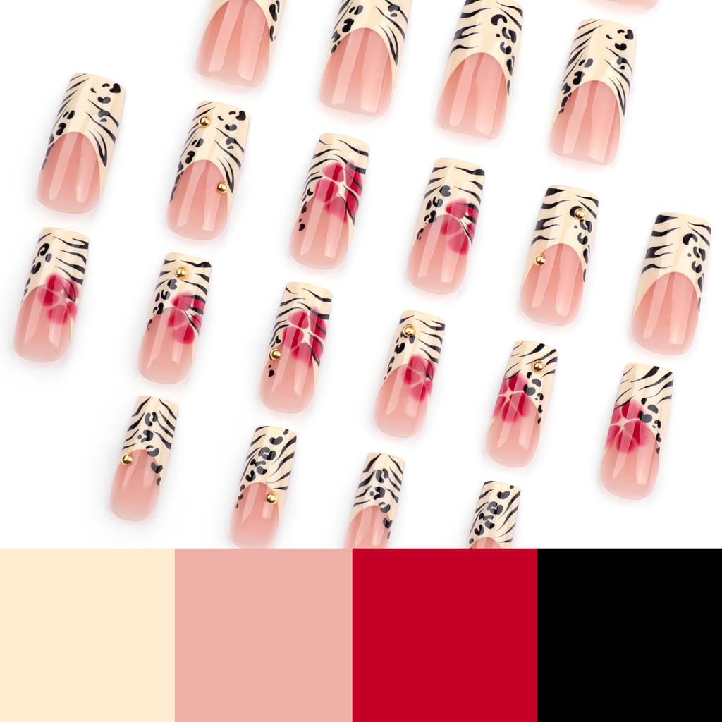 Nouveau design français à imprimé léopard avec strass diamant rouge fleur manucure faux ongle pièce d'ongle carrée européenne et américaine