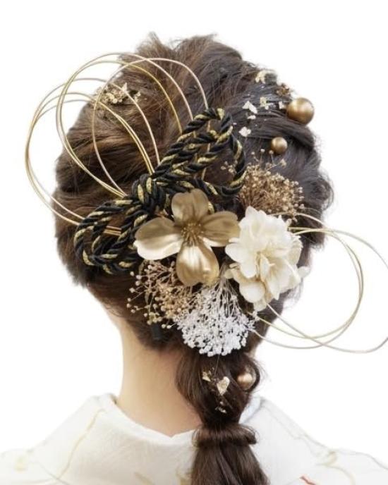 

[Lomeri] Romeri Mizuhiki Hair Ornament with Dried Flowers - Suitable for Coming-of-Age Ceremony, Graduation Ceremony, Wedding, and Hakama (Gold) A139