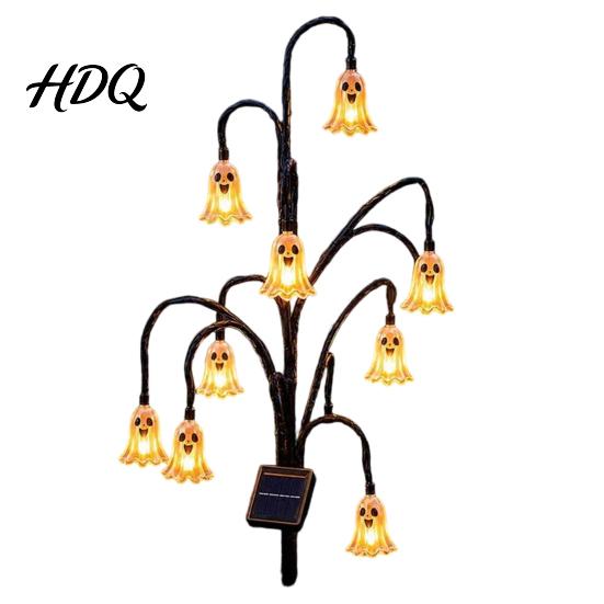 Solar Garden Lights Halloween Tree Stump Light, Powered Stake Twinkling Light Yard Stakes with Ghost Pumpkin Cat Ornaments, Vintage Glowing