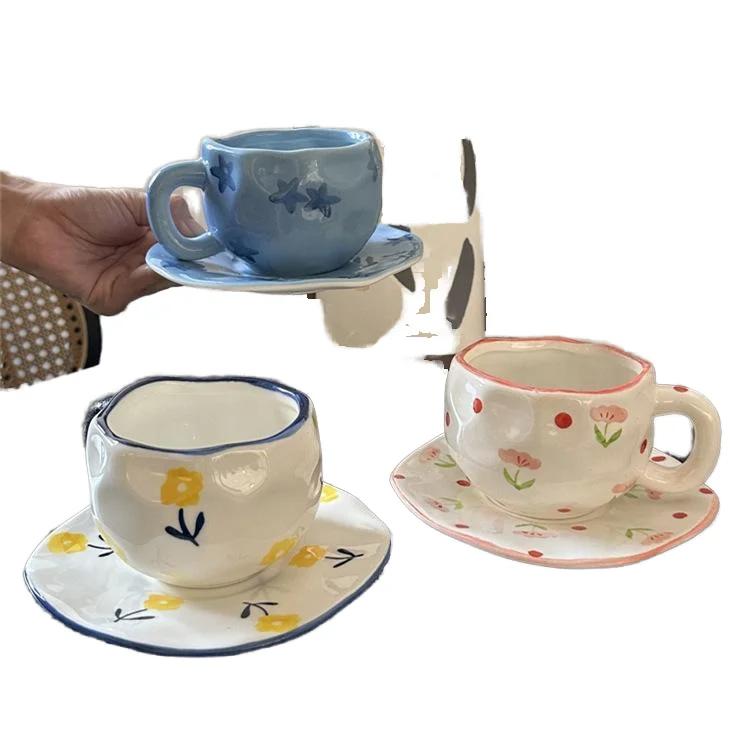 Hot Sale Manufacturer Hand-Painted Ceramic Cup Ceramic Coffee Cup Set Irregular Cup with Plate