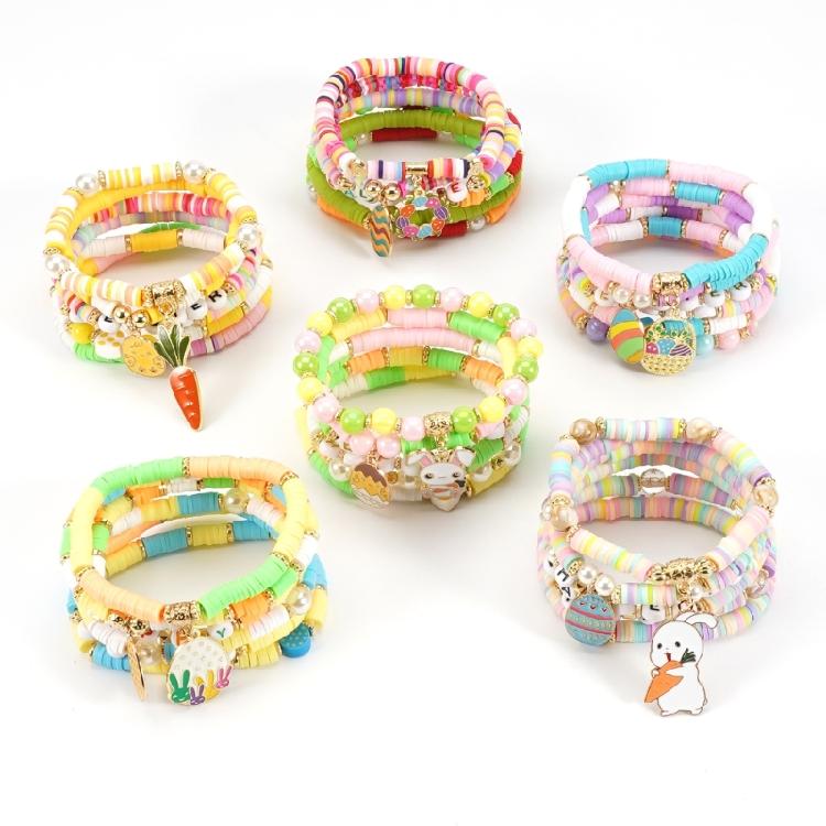Easter Theme Polymer Clay Bead Bracelet Set of 6 Unique Designs Ornament for Holiday Celebrations and Daily Wear