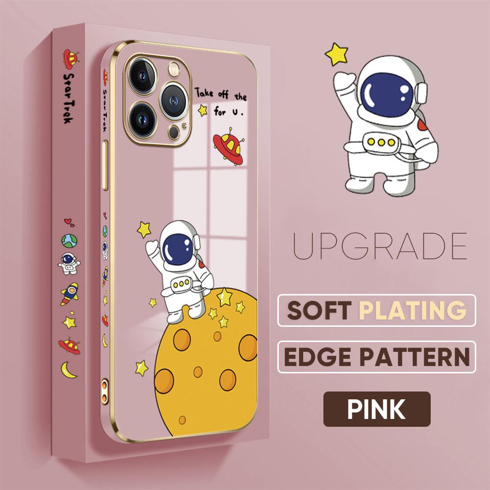 For iPhone 16 15 Max Samsung S24 S23 Plus A15 A35 A53 A73 Xiaomi 11T 12T 13T Redmi 13C Soft Plated TPU Cartoon Astronaut Phone Casing