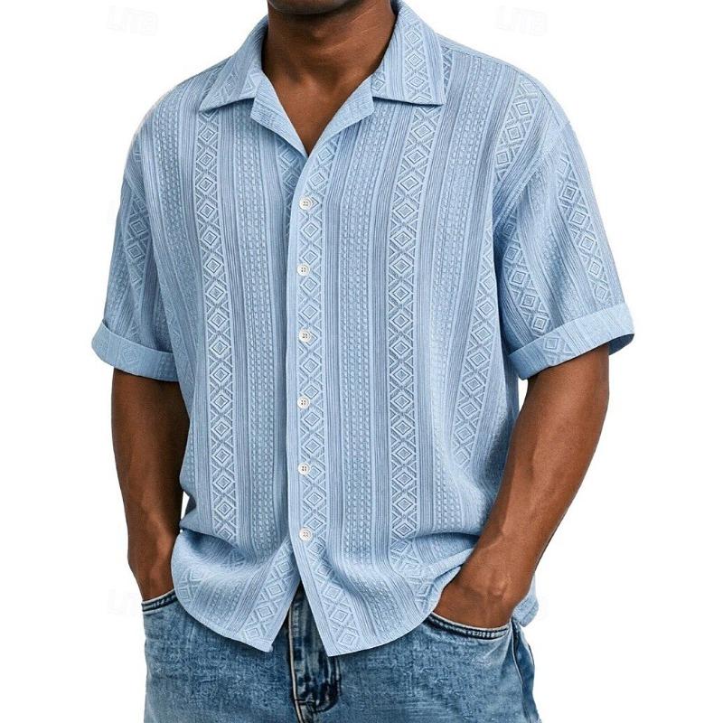 Men's Shirt Texture Button Down Shirt Jacquard Shirt Black White Light Green Navy Blue Purple Short Sleeve