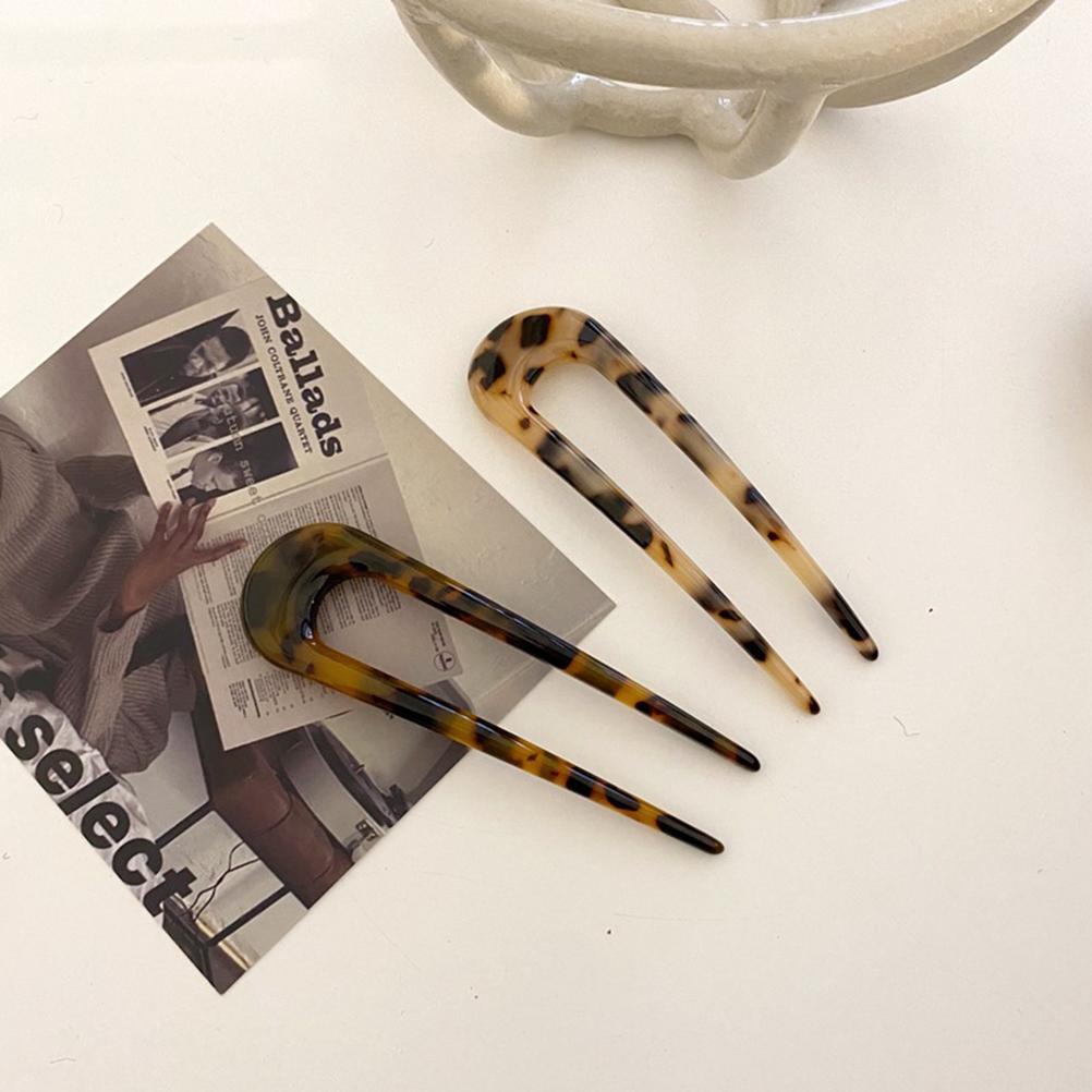2Pcs U Shaped Hairpin French Style Hair Stick Tortoise Shell Hair Pin 2 Prongs Updo Chignon Pins for Women Girls Hair