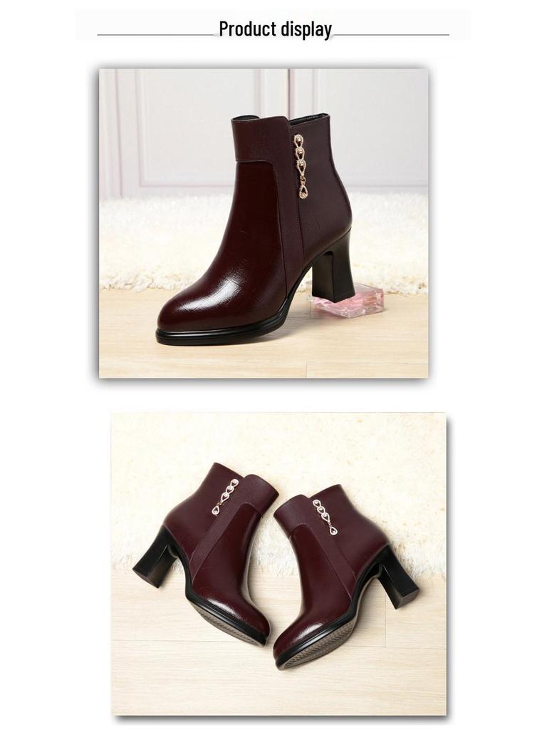 Autumn/Winter 2023 Chunky Heel Ankle Boots - Warm Fleece-Lined Leather Shoes for Middle-Aged Women